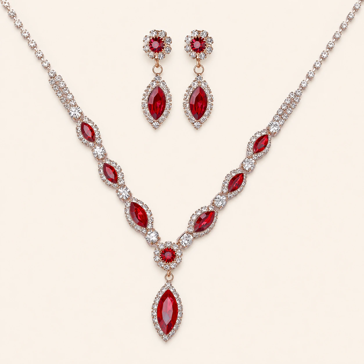Ruby Red Rhinestone Necklace Set