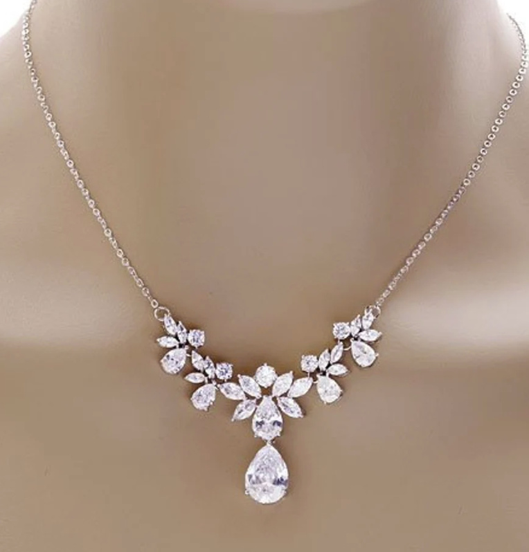 White CZ Floral Teardrop Wedding Necklace